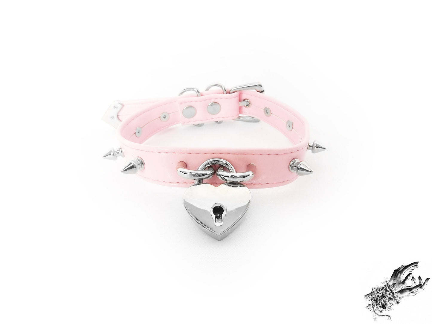 Pink Faux Leather Studded Heart Padlock Choker