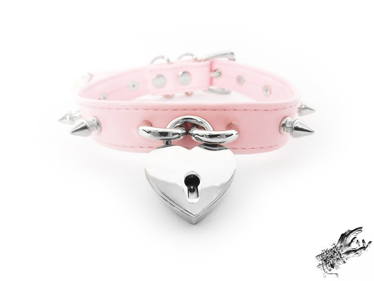 Pink Faux Leather Studded Heart Padlock Choker