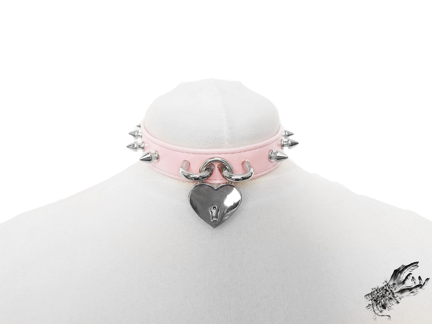 Pink Faux Leather Studded Heart Padlock Choker