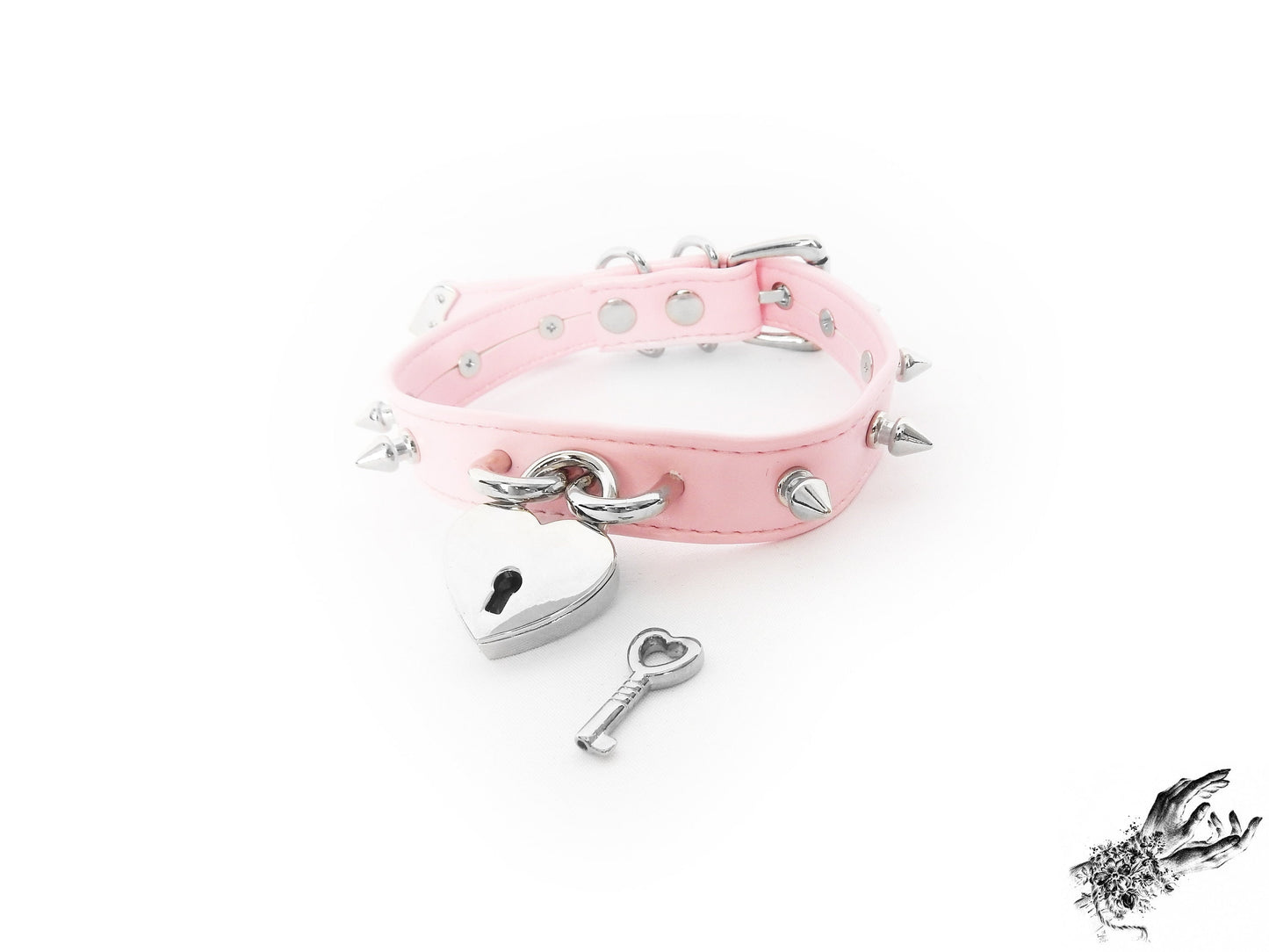 Pink Faux Leather Studded Heart Padlock Choker