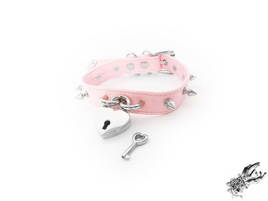 Pink Faux Leather Studded Heart Padlock Choker