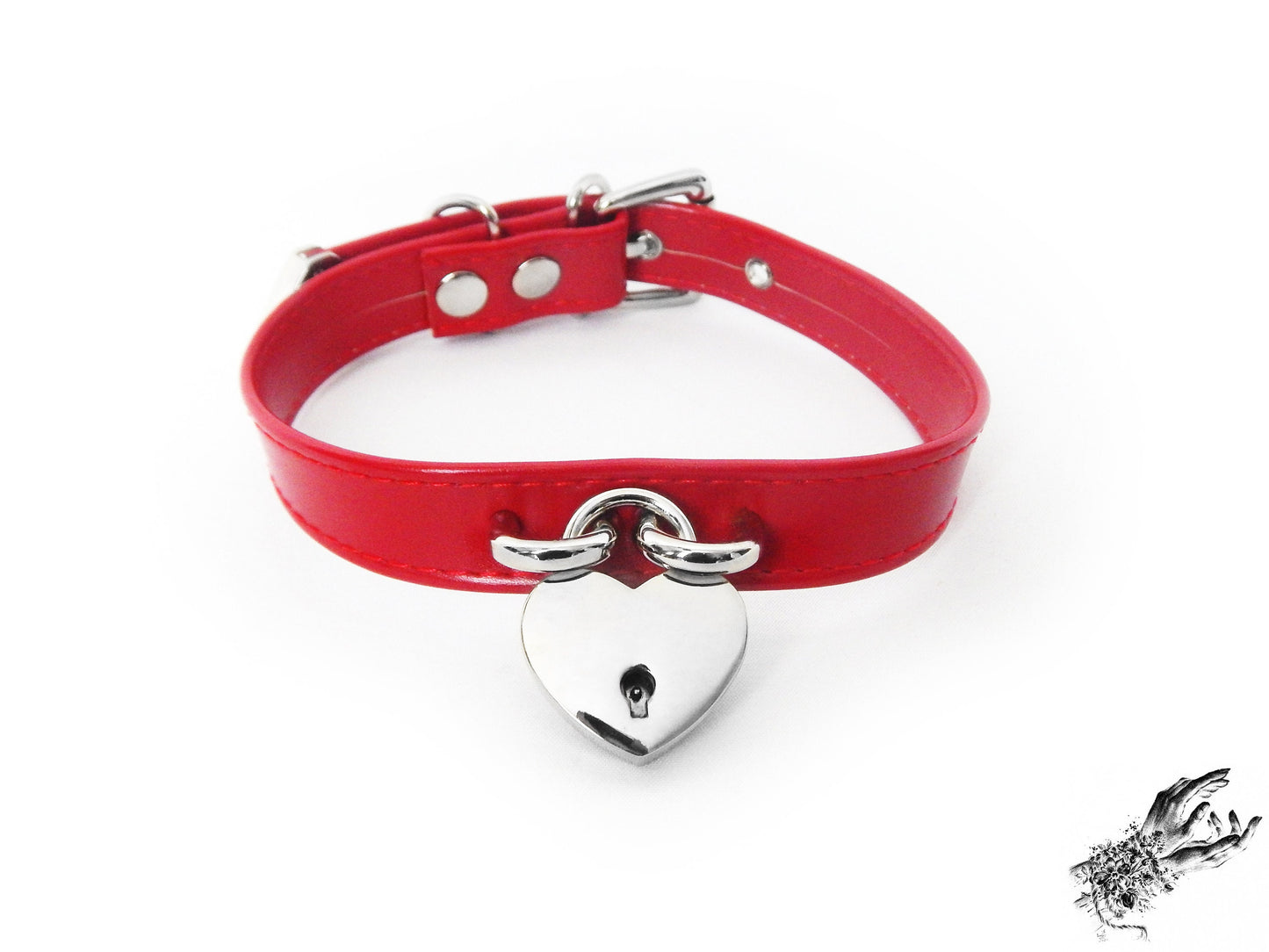 Red Faux Leather Heart Lock Choker with Key
