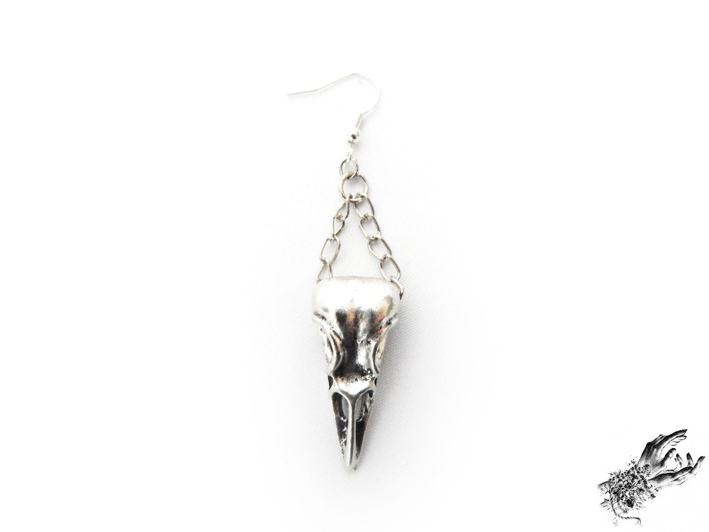 Antique Silver Chained Bird Skull Earrings