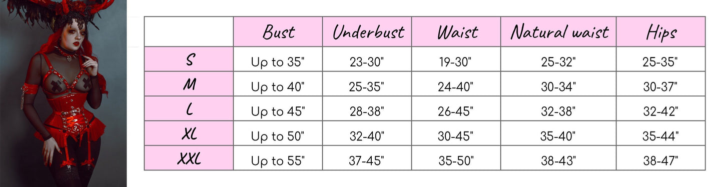Size chart for a pink vegan leather cage and corset harness set, showing bust, underbust, waist and hip measurements for all corresponding sizes.