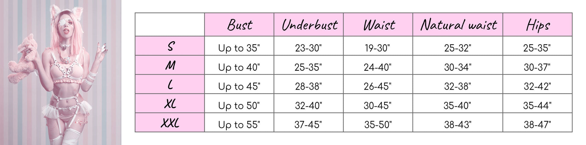 Size chart for a pink vegan leather harness set, showing bust, underbust, waist and hip measurements for all corresponding sizes.