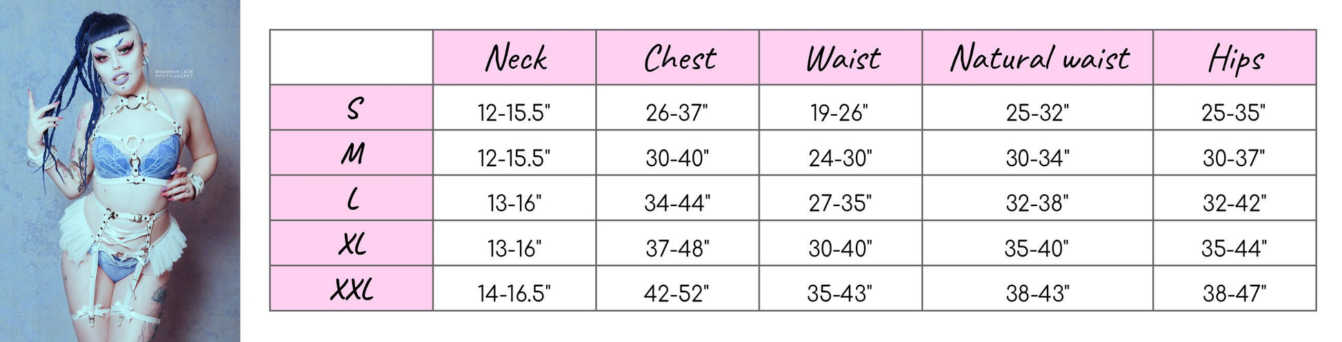 Size chart for a pink vegan leather O ring and corset harness set, showing bust, underbust, waist and hip measurements for all corresponding sizes.