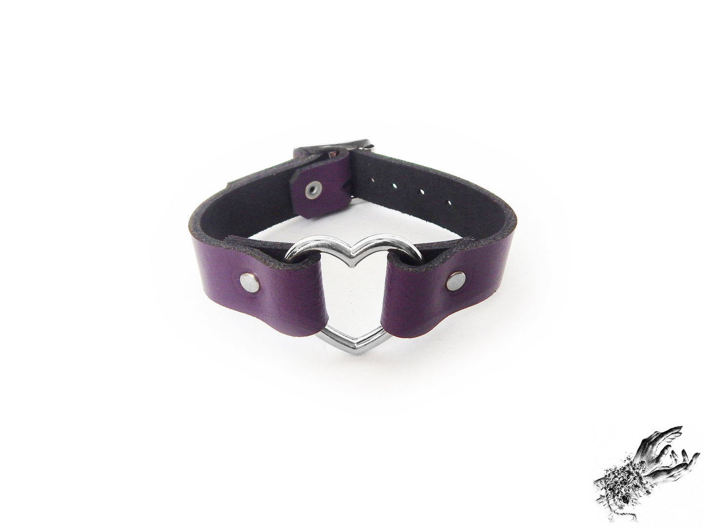 Purple leather wristband featuring a silver heart ring and adjustable buckle, designed for gothic and alternative fashion in the UK
