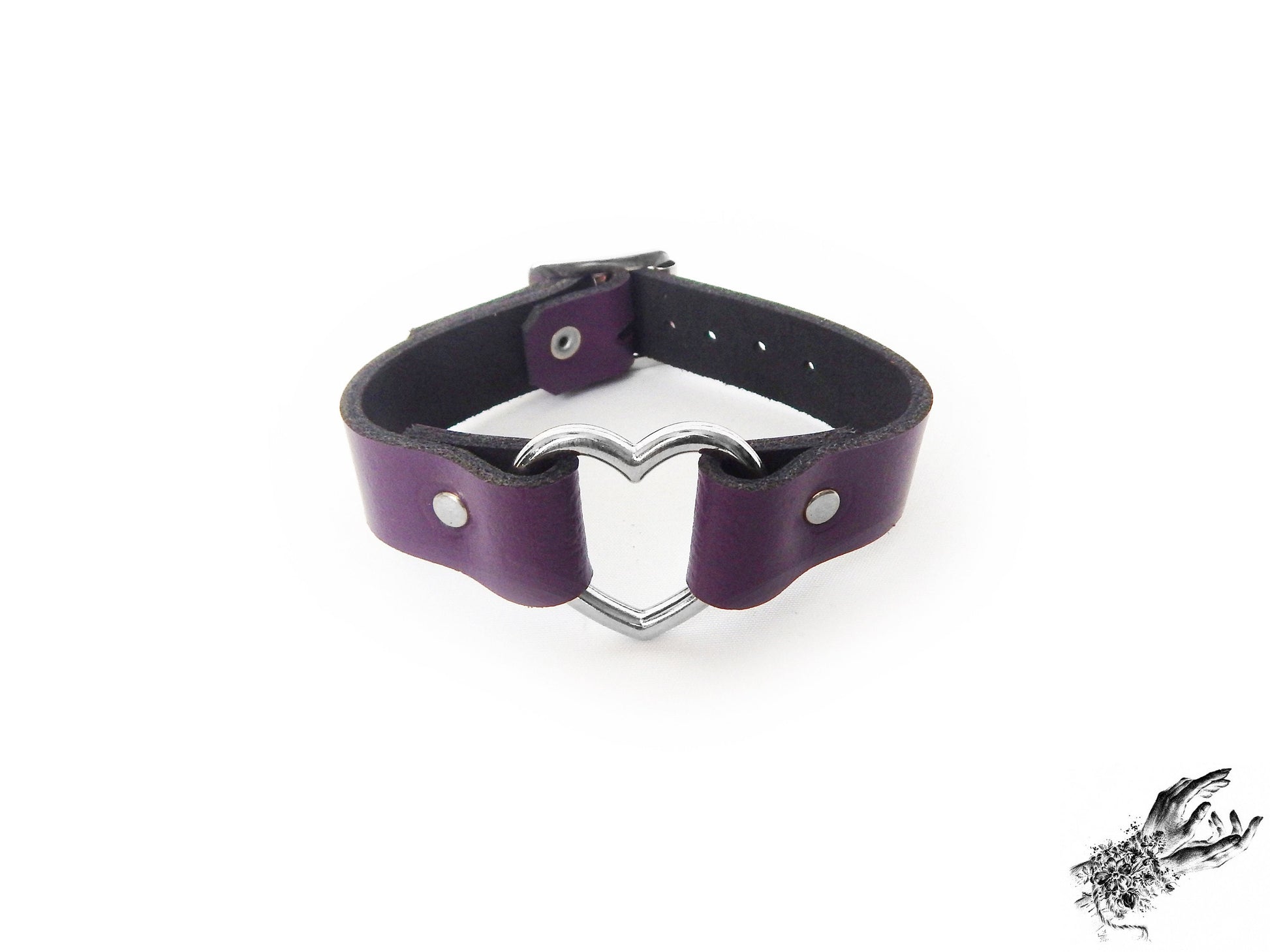 Purple leather wristband featuring a silver heart ring and adjustable buckle, designed for gothic and alternative fashion in the UK