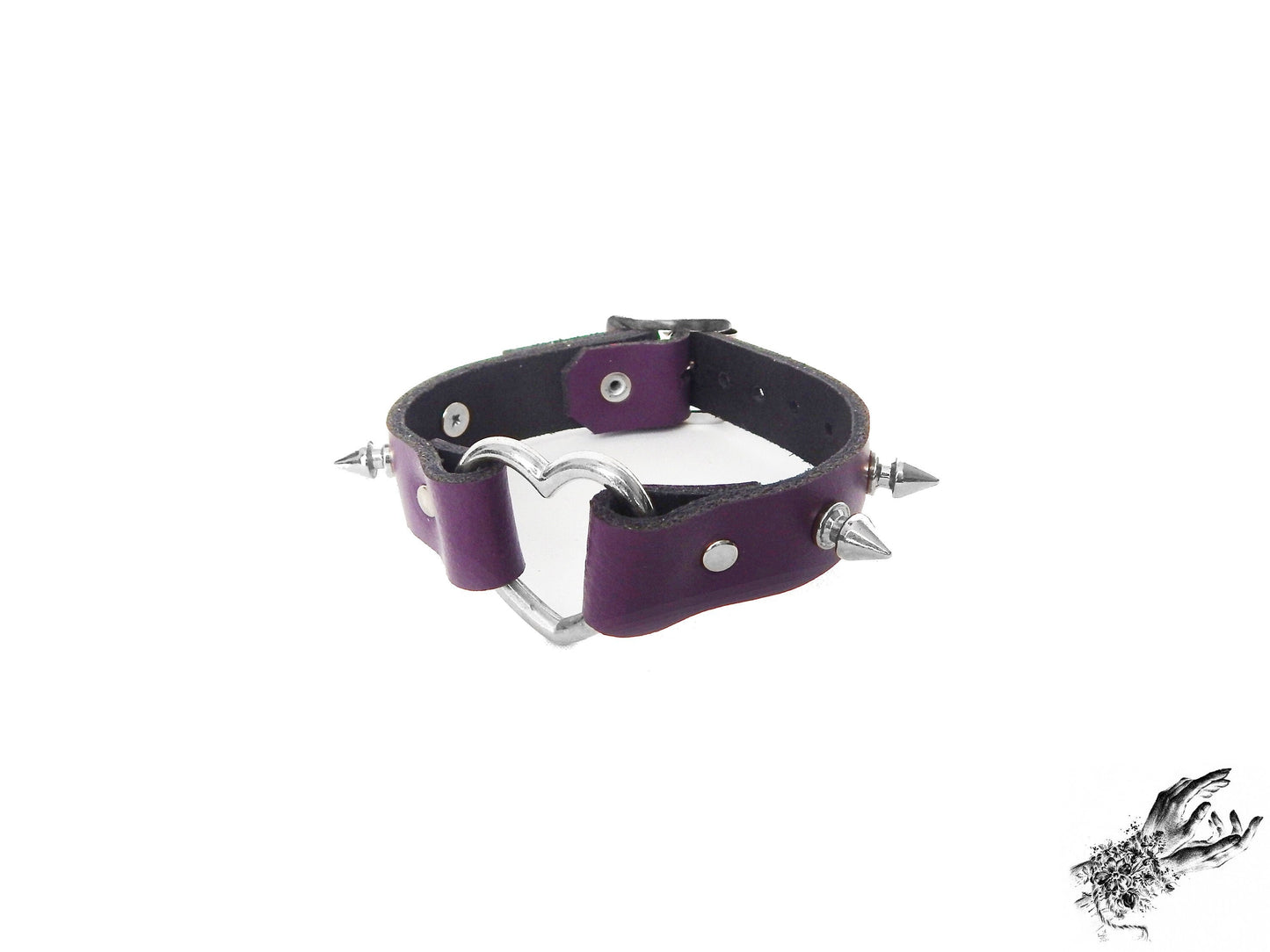 Purple studded heart ring wristband, made with genuine leather and stainless steel plated hardware in the UK