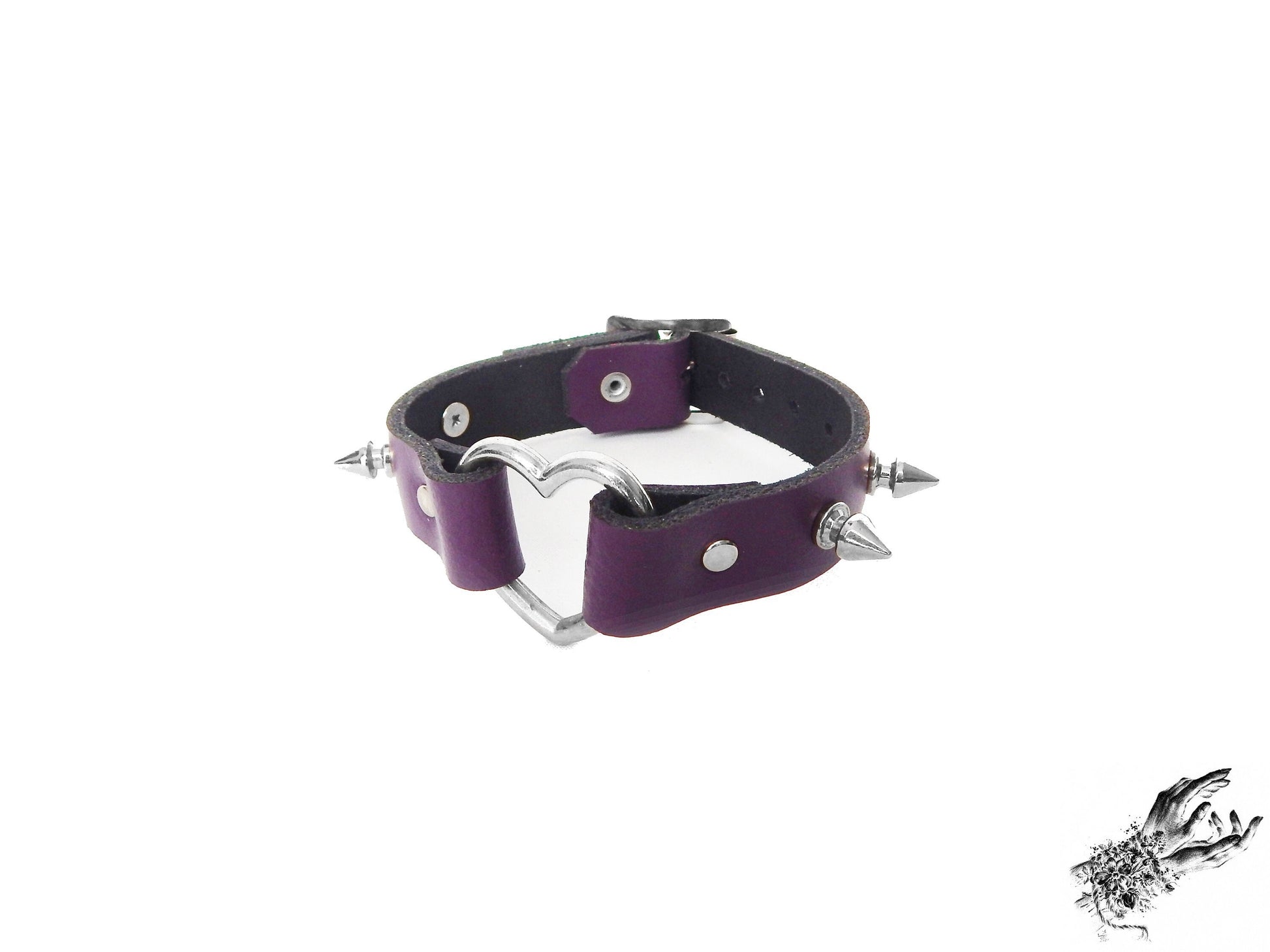 Purple studded heart ring wristband, made with genuine leather and stainless steel plated hardware in the UK