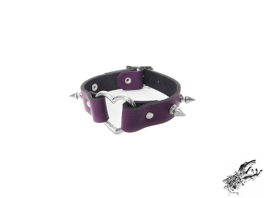 Purple studded heart ring wristband, made with genuine leather and stainless steel plated hardware in the UK