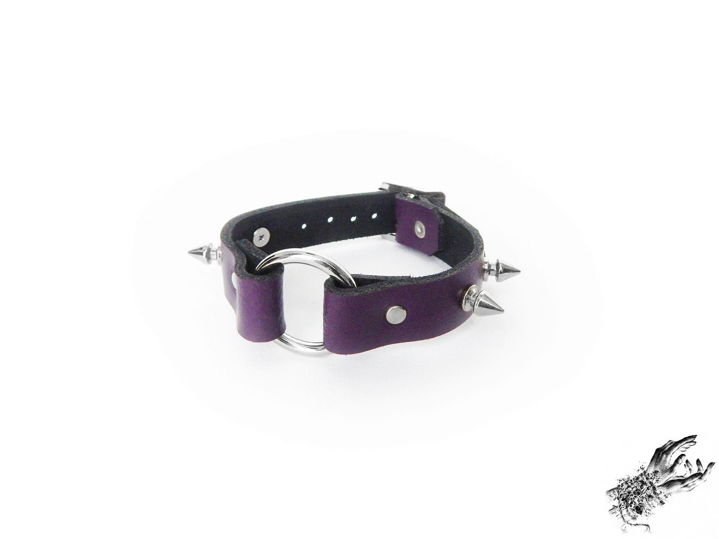 Purple studded O ring wristband made with genuine leather and stainless steel plated hardware in the UK for gothic and alternative fashion