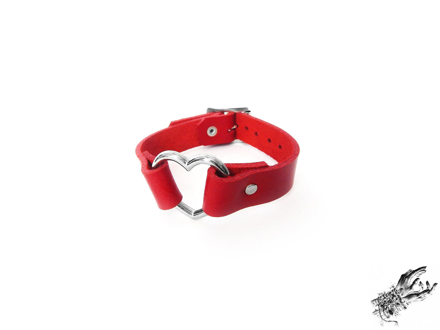Red leather heart ring wristband, made with genuine leather and silver heart ring in the UK