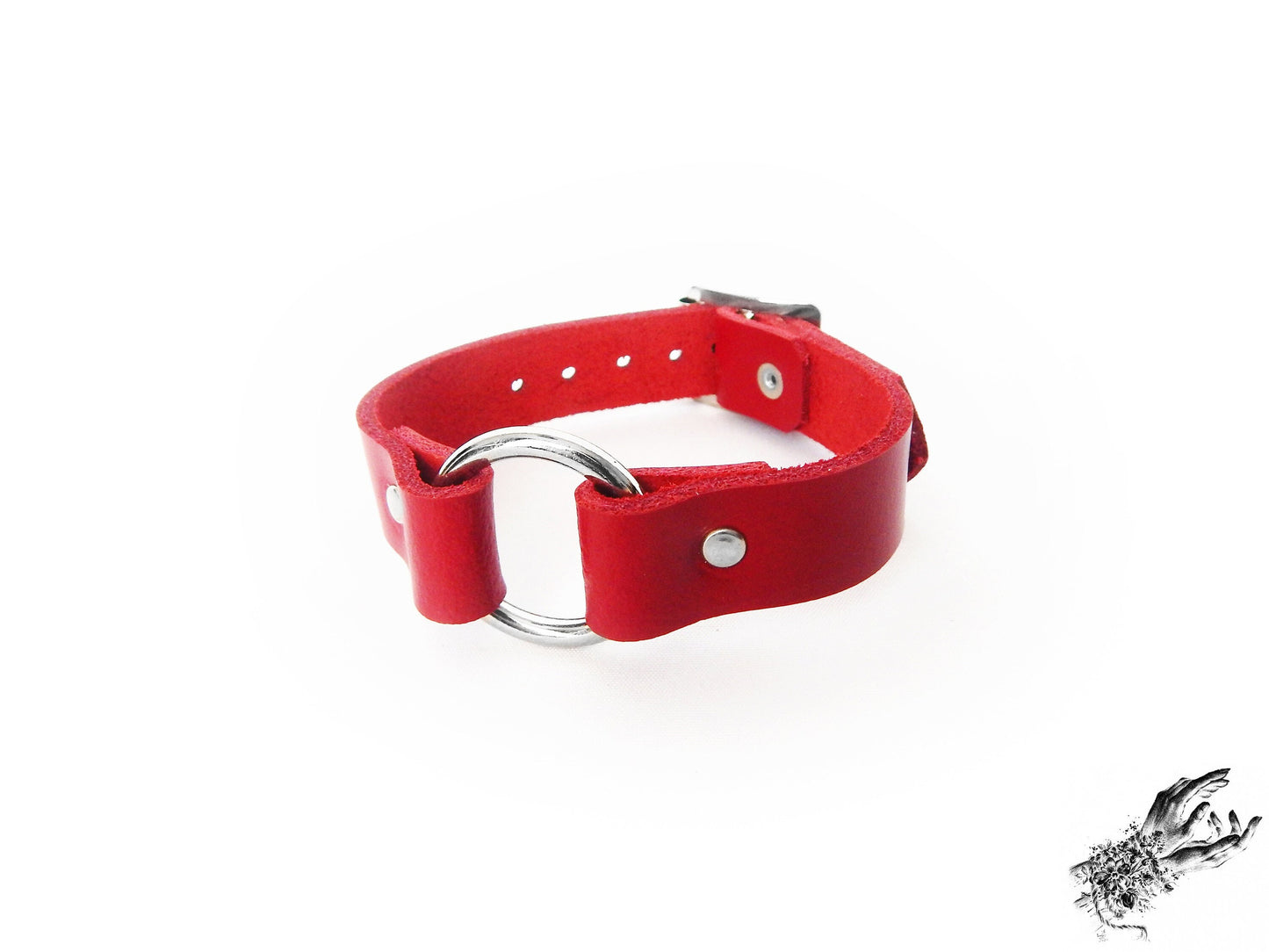 Red leather O ring wristband made with genuine leather and stainless steel plated hardware in the UK