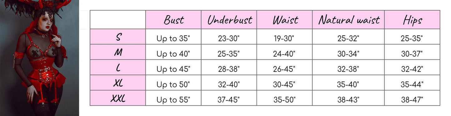 Size chart for a red vegan leather cage and corset harness set, showing the bust, underbust, waist and hip measurements for each corresponding size.