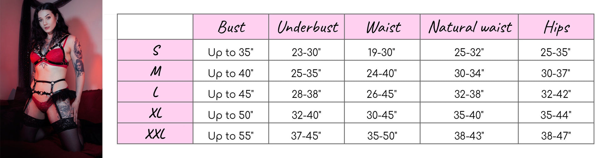 Size chart for a red vegan leather cage harness set, showing the bust, underbust, waist and hip measurements for each corresponding size.