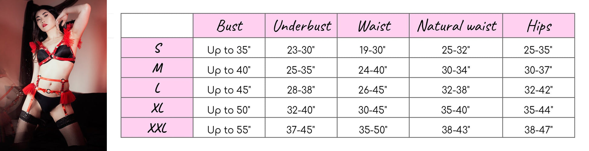 Size chart for a red vegan leather caged mesh harness set, showing the bust, underbust, waist and hip measurements for each corresponding size.