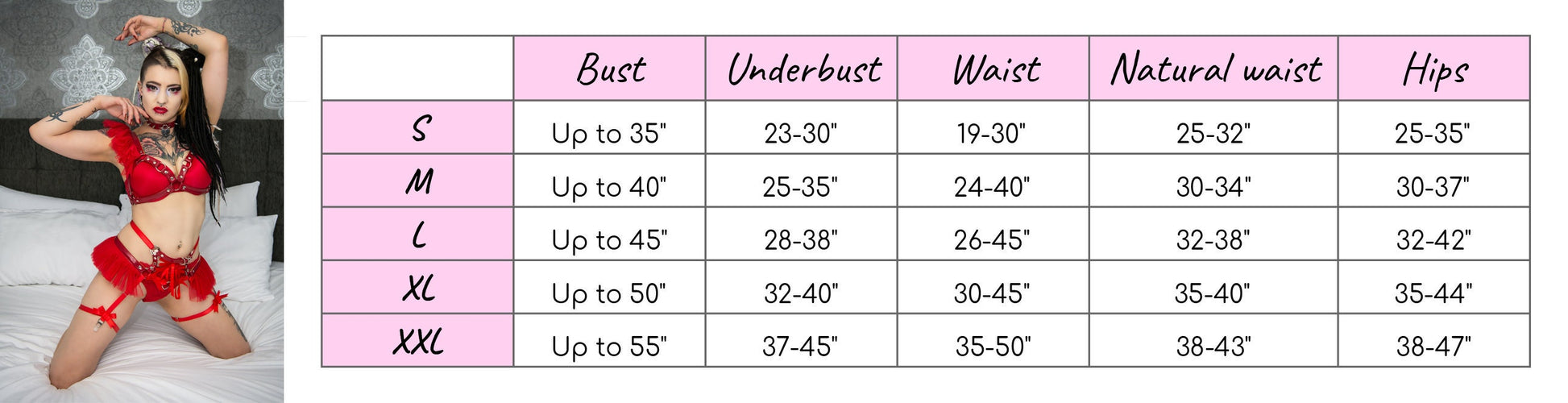 Size chart for a red vegan leather corset harness set, showing the bust, underbust, waist and hip measurements for each corresponding size.