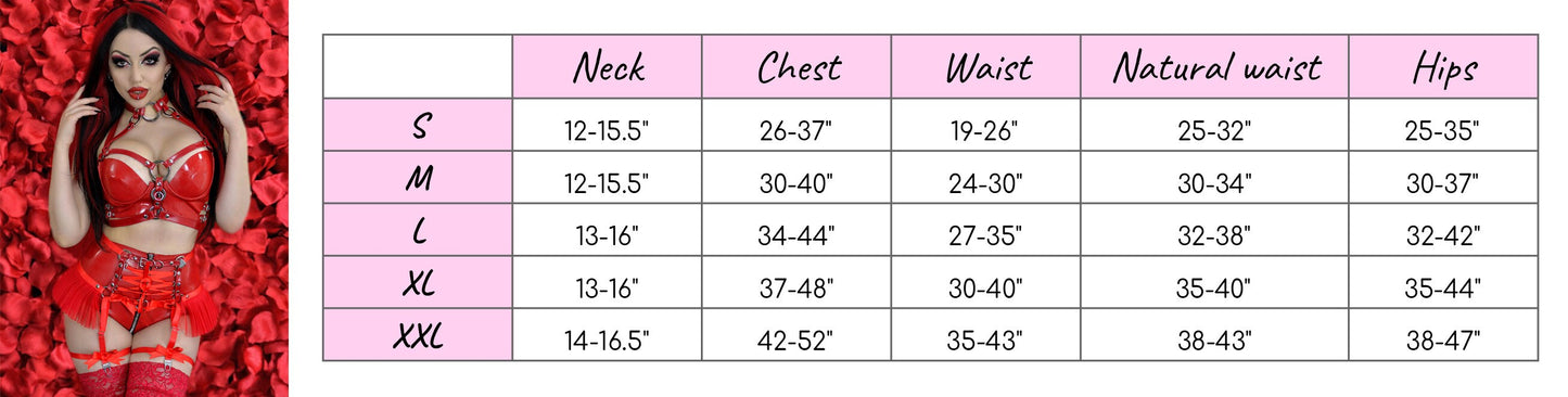 Size chart for a red vegan leather O ring corset harness set, showing the neck, chest, waist and hip measurements for each corresponding size.