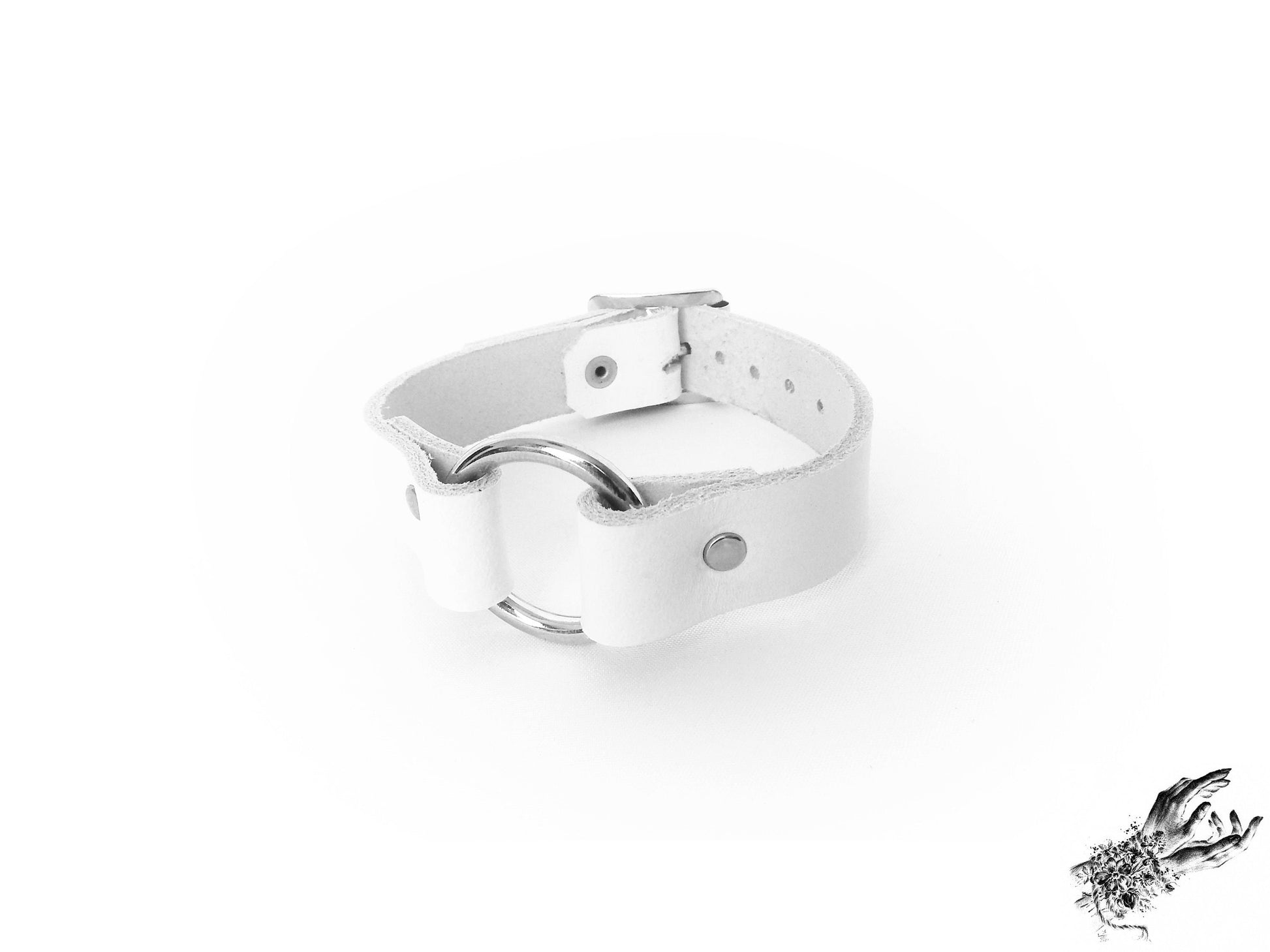 White leather O ring wristband, made in the UK with genuine leather and stainless steel plated hardware for pastel goth and alt fashion