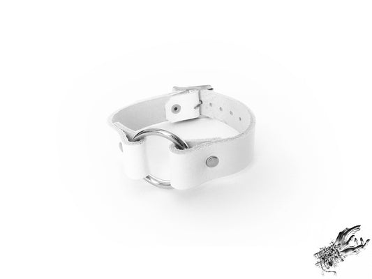 White leather O ring wristband, made in the UK with genuine leather and stainless steel plated hardware for pastel goth and alt fashion
