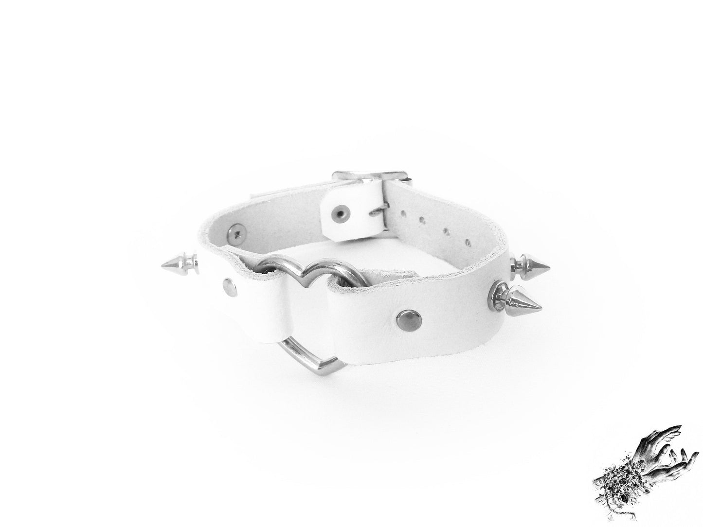 White studded heart ring wristband, made with genuine leather in the UK and silver spike studs