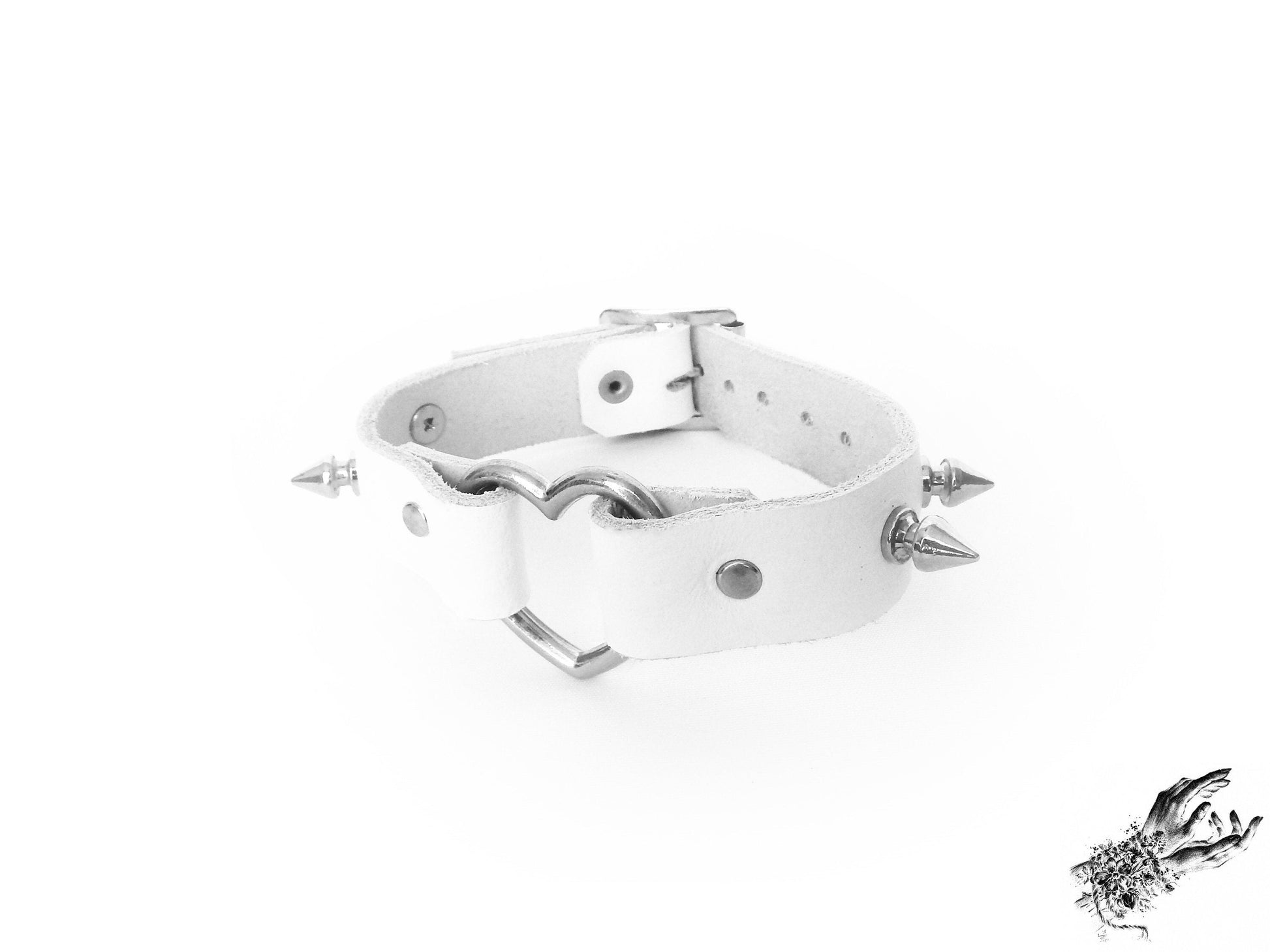 White studded heart ring wristband, made with genuine leather in the UK and silver spike studs