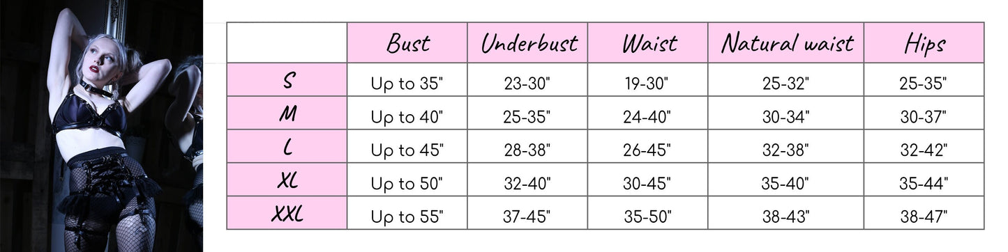 Size chart for a vegan leather cage and corset harness set, showing bust, underbust, waist and hip measurements for all corresponding sizes.