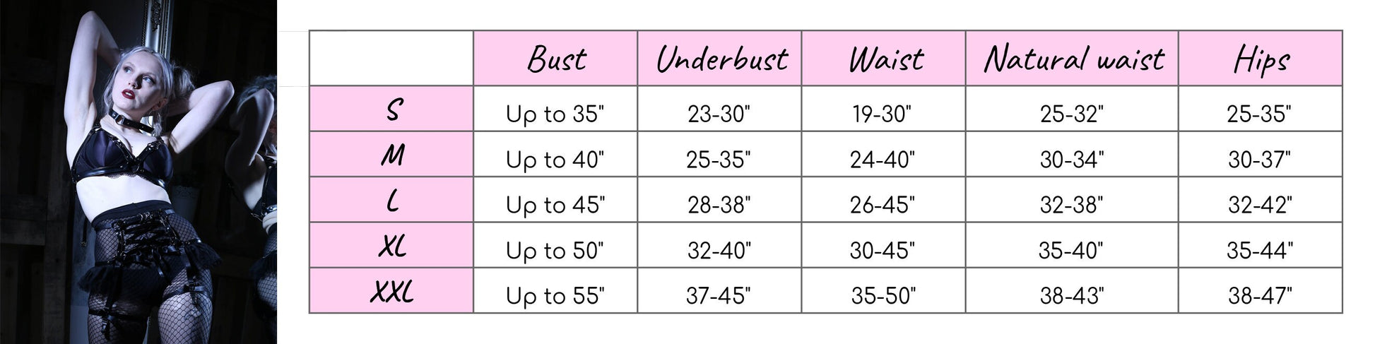 Size chart for a vegan leather cage and corset harness set, showing bust, underbust, waist and hip measurements for all corresponding sizes.