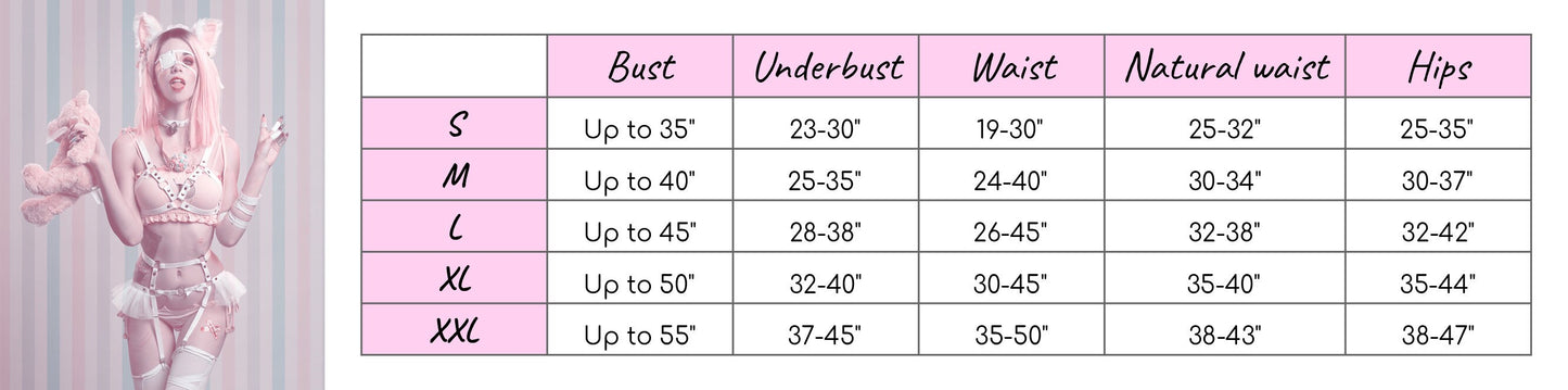 Size chart for a white vegan leather cage harness set, showing bust, underbust, waist and hip measurements for all corresponding sizes.