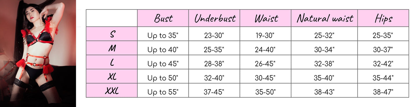 Size chart for a white vegan leather caged mesh harness set, showing bust, underbust, waist and hip measurements for all corresponding sizes.