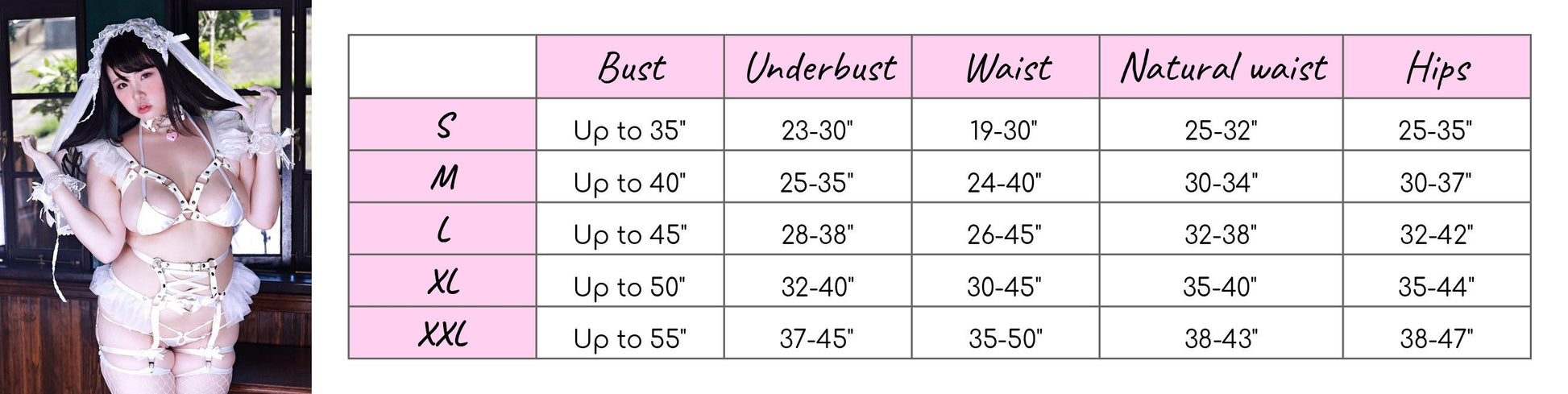 Size chart for a white vegan leather corset harness set, showing bust, underbust, waist and hip measurements for all corresponding sizes.