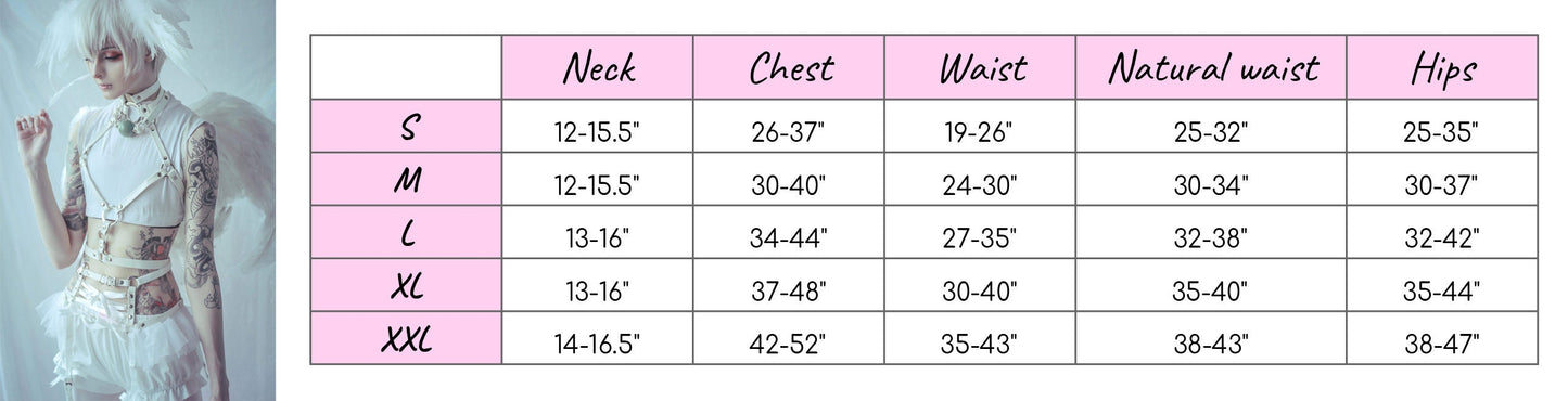 Size chart for a white vegan leather O ring and corset harness set, showing bust, underbust, waist and hip measurements for all corresponding sizes.