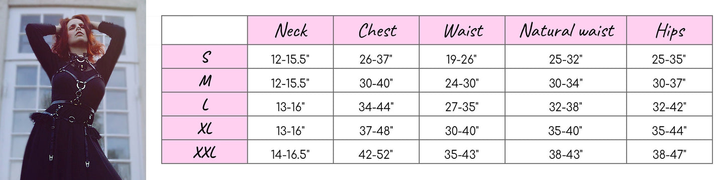 Size chart for a white vegan leather O ring harness set, showing bust, underbust, waist and hip measurements for all corresponding sizes.